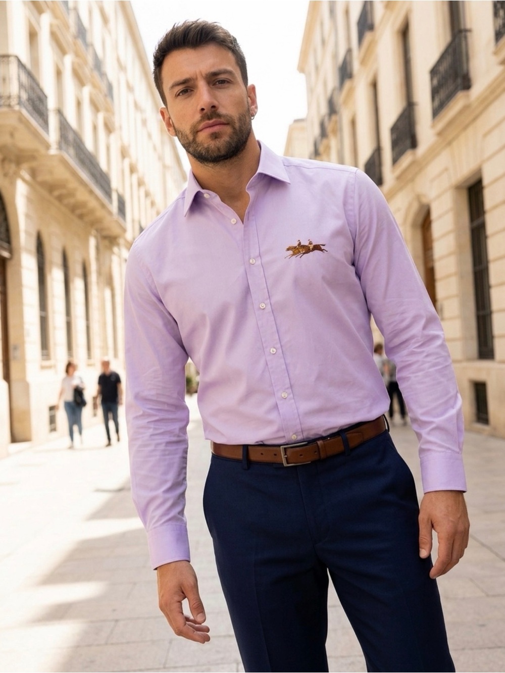 Men's Lavender Dress Shirt with Equestrian Embroidery